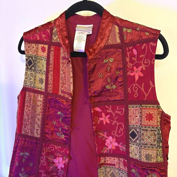 Patchwork Sleeveless Vest Asian Inspired Bohemian Red Artsy Romantic Small - Picture 2 of 8